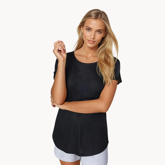 EMF shielding t-shirt – front view of WOREMOR black EMF 5G protection shirt worn by woman with white short