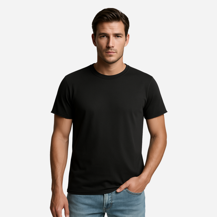 Model wearing black men's EMF and 5G shielding T-shirt, front view
