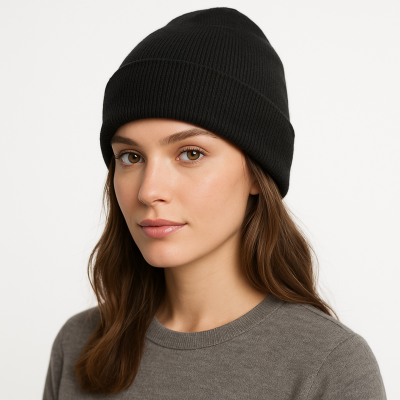 Close-up of WOREMOR Knit Beanie in black colour with EMF shielding fabric