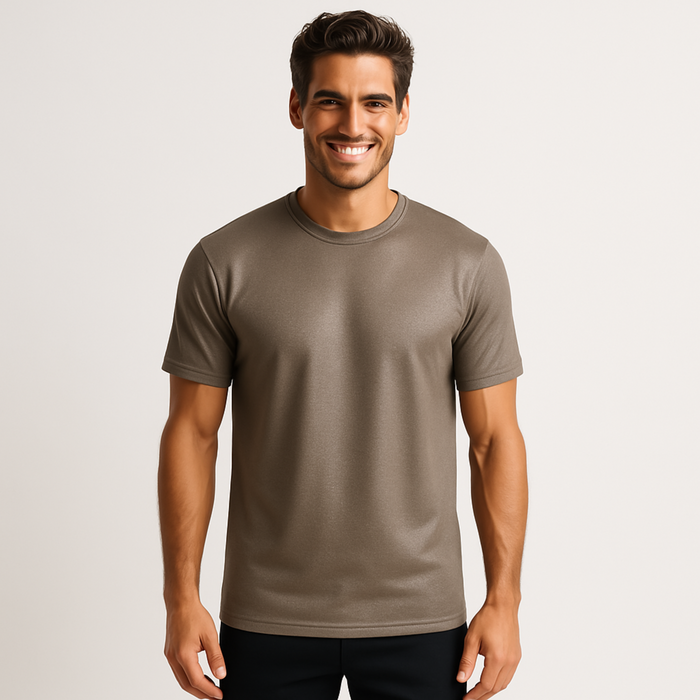 Male model wearing medical-grade EMF and 5G shielding T-shirt for virus protection and sensitive skin