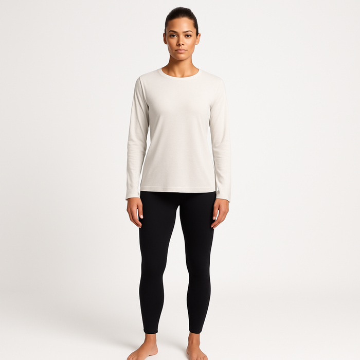 WOREMOR® Female model in birch EMF and 5G shielding long-sleeve shirt