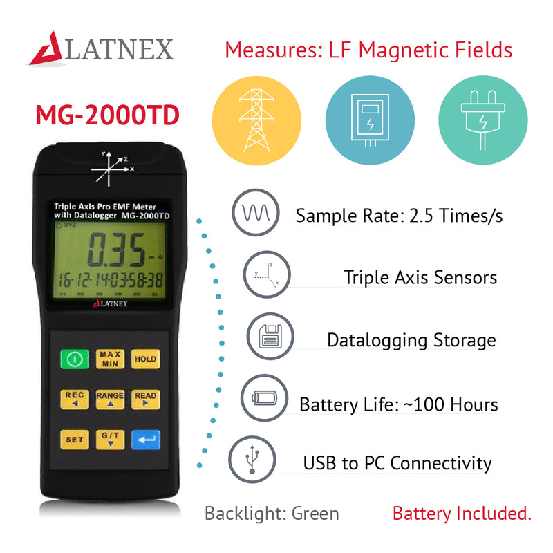 LATNEX® MG-2000TD Triple Axis Gauss Meter with Datalogger