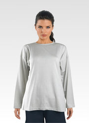 WOREMOR® Model wearing birch oversized EMF shirt designed for comfort and shielding against wireless radiation