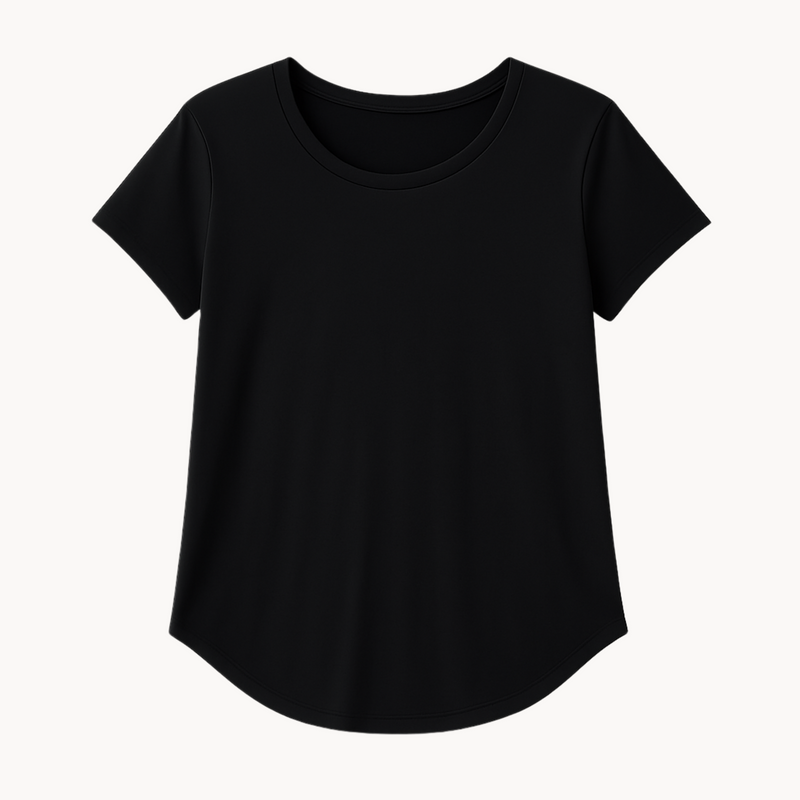EMF shielding t-shirt – flat lay of black WOREMOR EMF 5G protection shirt for women