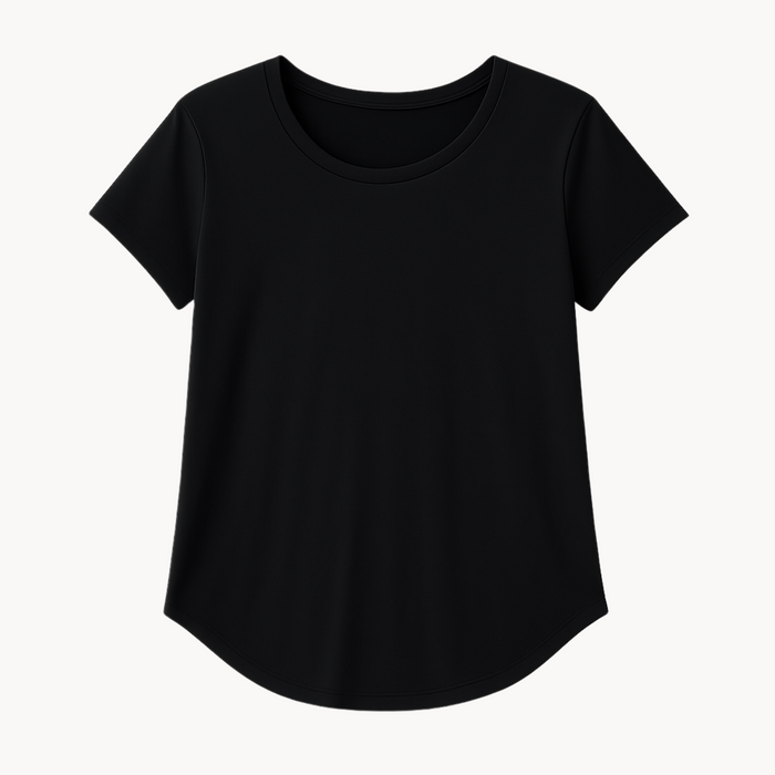 EMF shielding t-shirt – flat lay of black WOREMOR EMF 5G protection shirt for women