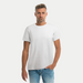Model wearing white men's EMF and 5G shielding T-shirt, front view