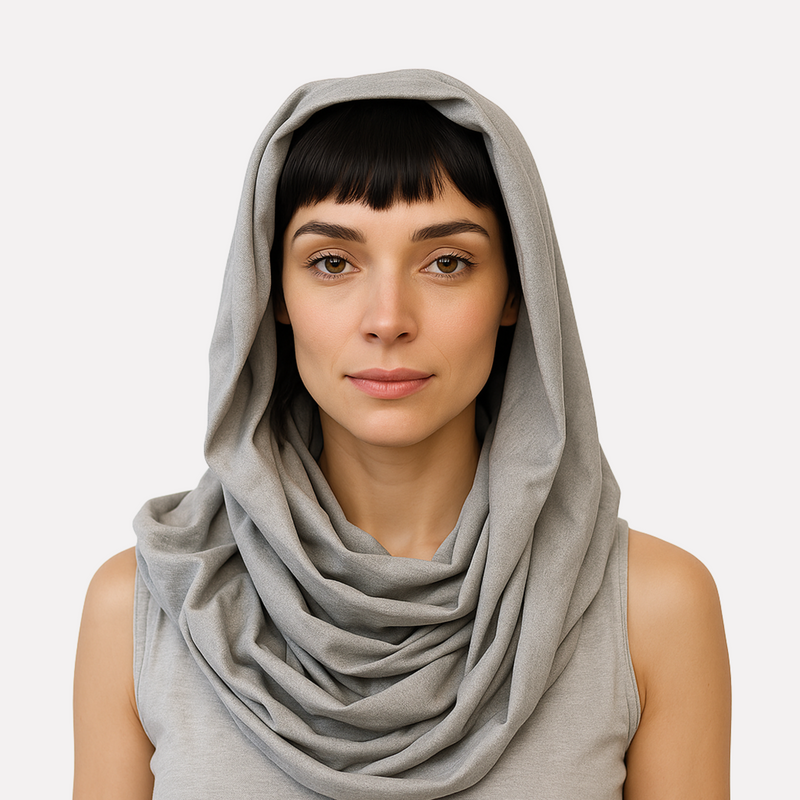 Model showcasing WOREMOR Silver Infinity Scarf for shielding against EMF radiation