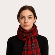 Female model wearing WOREMOR Tartan EMF protection scarf