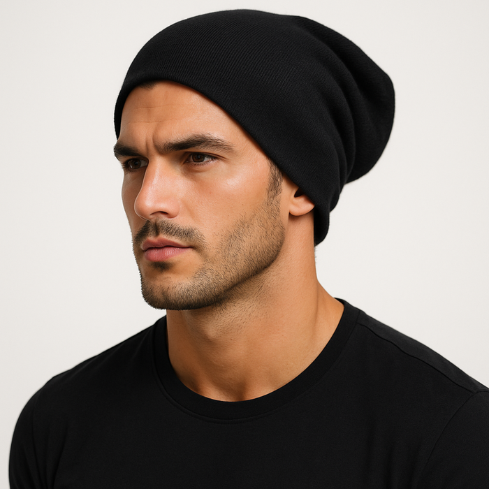 Man wearing a black emf 5g shielding beanie and black shirt against a light gray background