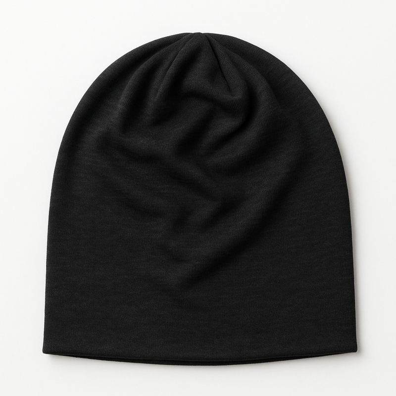 Black emf 5g shielding beanie on a white background