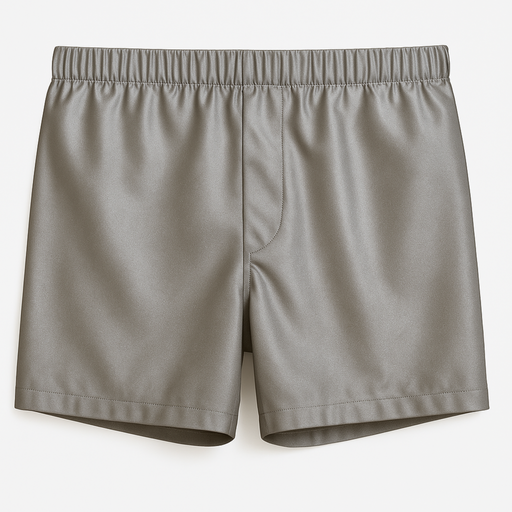 Model wearing men’s EMF and 5G shielding silver boxers with silver elastic waistband