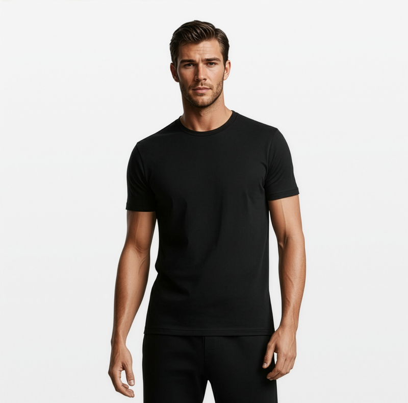 Model wearing black men's EMF and 5G shielding T-shirt, front view