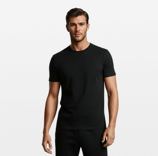 Model wearing black men's EMF and 5G shielding T-shirt, front view