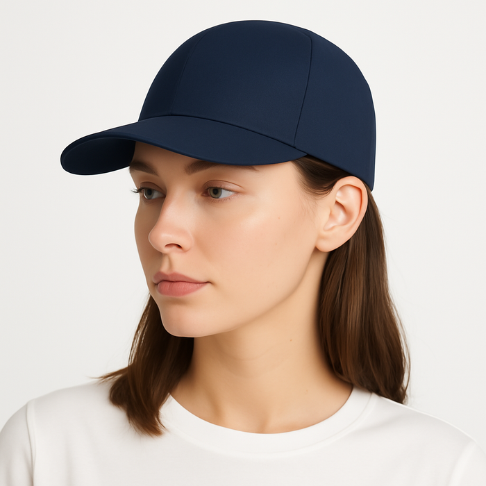Woman wearing navy EMF shielding cap for everyday radiation protection