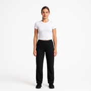 Model wearing women's EMF and 5G shielding pants in black