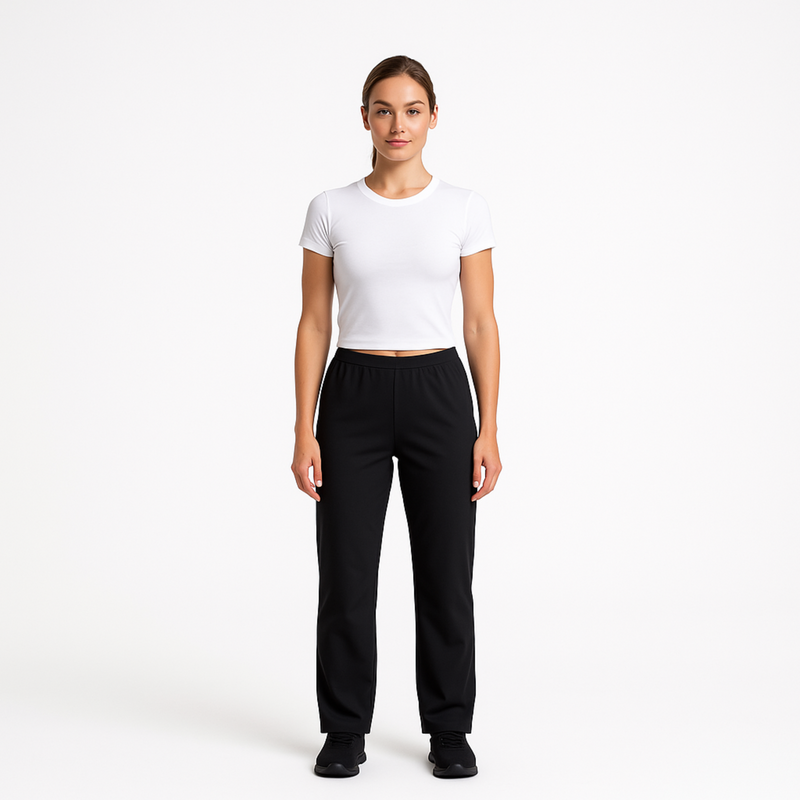 Model wearing women's EMF and 5G shielding pants in black