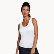 Model wearing white EMF shielding tank top for women, front view