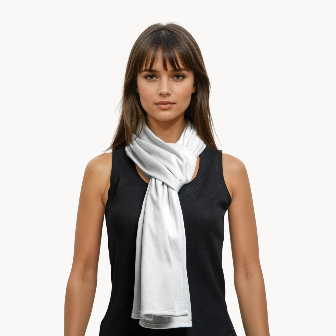 Woman wearing a birch emf 5g shielding headscarf on a white background