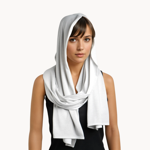 Woman wearing a birch emf 5g shielding headscarf on a white background