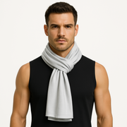 Man wearing a birch emf 5g shielding headscarf on a white background