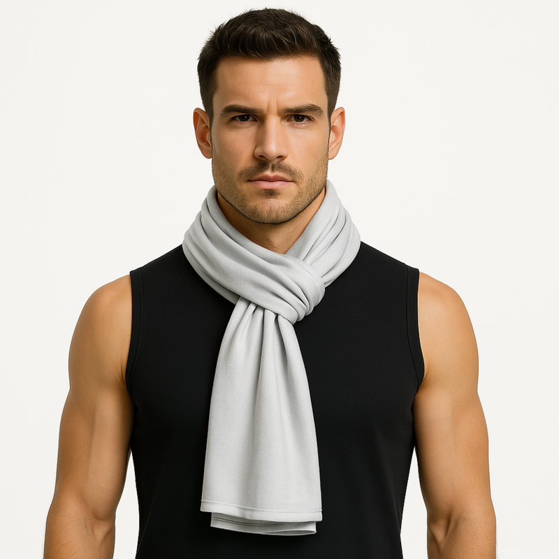 Man wearing a birch emf 5g shielding headscarf on a white background
