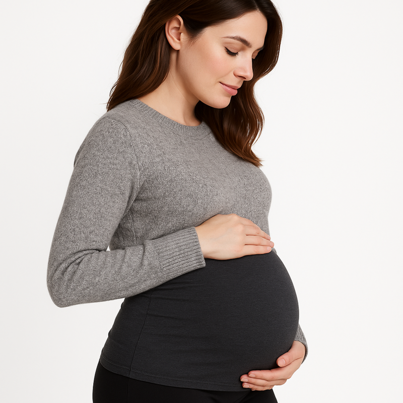 WOREMOR® silver maternity belly band in black on model, front view