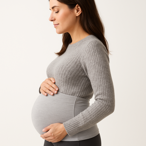 WOREMOR® silver maternity belly band in light grey on model, front view