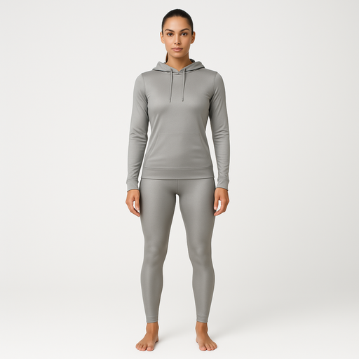 Woman wearing a grey silver gray emf 5g shielding hoodie on a white background