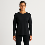 WOREMOR® Female model wearing black EMF and 5G shielding long-sleeve shirt
