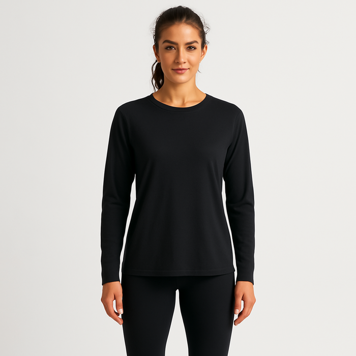 WOREMOR® Female model wearing black EMF and 5G shielding long-sleeve shirt