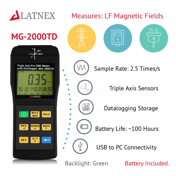 LATNEX® MG-2000TD: Triple Axis Pro EMF Meter with Datalogger